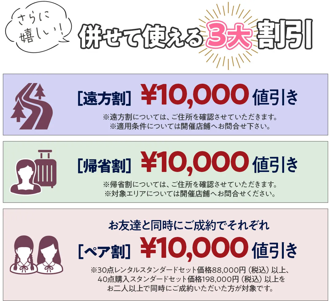 併せて使える3大割引　遠方割1万円値引き　帰省割1万円値引き　ペア割お友達と同時にご成約でそれぞれ1万円値引き