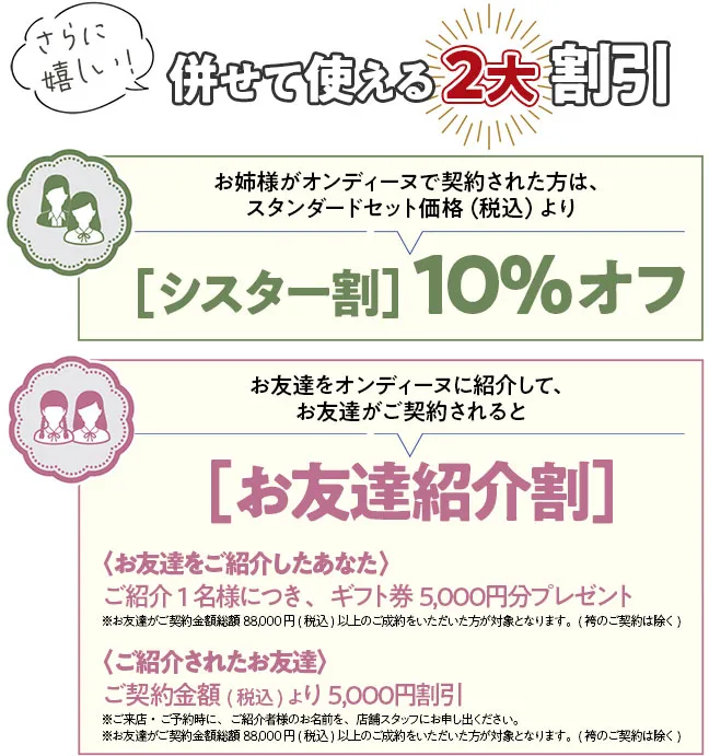 併せて使える2大割引　シスター割10%オフ、お友達紹介割