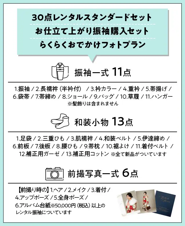 30点レンタルスタンダードセット お仕立て上がり振袖購入セット らくらくおでかけフォトプラン 振袖一式 11点 1.振袖 / 2.長襦袢(半衿付) / 3.衿カラー / 4.重衿 / 5.帯揚げ / 6.袋帯 / 7.帯締め / 8.ショール / 9.バッグ / 10.草履 / 11.ハンガー ※髪飾りは含まれません 和装小物 13点 1.足袋 / 2.三重ひも / 3.肌襦袢 / 4.和装ベルト / 5.伊達締め / 6.前板 / 7.後板 / 8.腰ひも / 9.帯枕 / 10.裾よけ / 11.着付ベルト / 12.補正用ガーゼ / 13.補正用コットン ※全て新品がついています 前撮写真一式 6点 【前撮り時の】1.ヘア / 2.メイク / 3.着付 / 4.アップポーズ / 5.全身ポーズ / 6.アルバム台紙※50,000円(税込)以上のレンタル振袖についています。