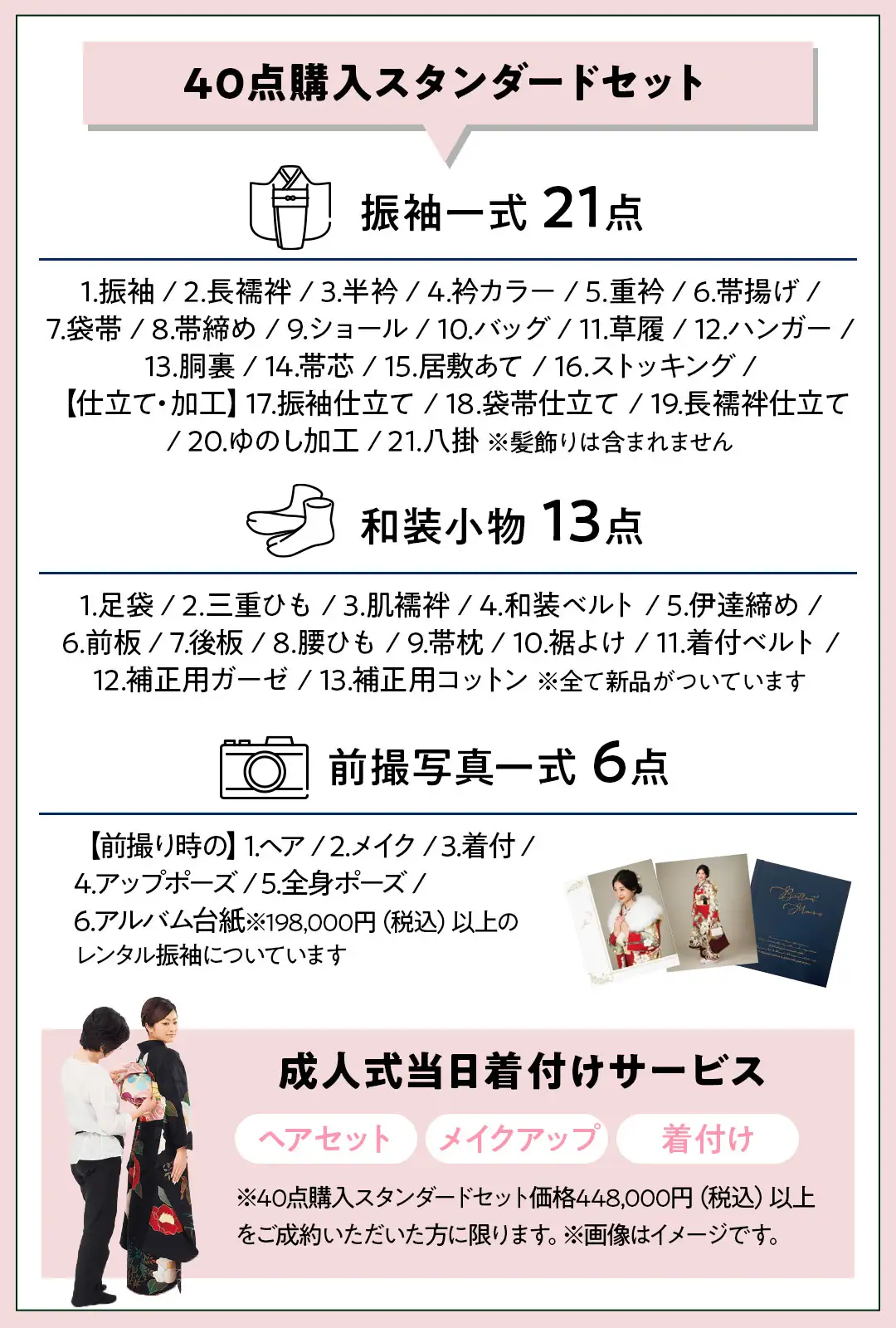 40点購入スタンダードセット 振袖一式 21点　1.振袖 / 2.長襦袢 / 3.半衿 / 4.衿カラー / 5.重衿 / 6.帯揚げ / 7.袋帯 / 8.帯締め / 9.ショール / 10.バッグ / 11.草履 / 12.ハンガー / 13.胴裏 / 14.帯芯 / 15.居敷あて / 16.ストッキング / 【仕立て・加工】17.振袖仕立て / 18.袋帯仕立て / 19.長襦袢仕立て / 20.ゆのし加工 / 21.八掛 ※髪飾りは含まれません 和装小物 13点　1.足袋 / 2.三重ひも / 3.肌襦袢 / 4.和装ベルト / 5.伊達締め / 6.前板 / 7.後板 / 8.腰ひも / 9.帯枕 / 10.裾よけ / 11.着付ベルト / 12.補正用ガーゼ / 13.補正用コットン ※全て新品がついています 前撮写真一式 6点　【前撮り時の】1.ヘア / 2.メイク / 3.着付 / 4.アップポーズ / 5.全身ポーズ / 6.アルバム台紙※198,000円（税込）以上の レンタル振袖についています