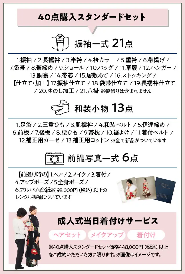 40点購入スタンダードセット 振袖一式 21点 1.振袖 / 2.長襦袢 / 3.半衿 / 4.衿カラー / 5.重衿 / 6.帯揚げ / 7.袋帯 / 8.帯締め / 9.ショール / 10.バッグ / 11.草履 / 12.ハンガー / 13.胴裏 / 14.帯芯 / 15.居敷あて / 16.ストッキング / 【仕立て・加工】17.振袖仕立て / 18.袋帯仕立て / 19.長襦袢仕立て / 20.ゆのし加工 / 21.八掛 ※髪飾りは含まれません 和装小物 13点 1.足袋 / 2.三重ひも / 3.肌襦袢 / 4.和装ベルト / 5.伊達締め / 6.前板 / 7.後板 / 8.腰ひも / 9.帯枕 / 10.裾よけ / 11.着付ベルト / 12.補正用ガーゼ / 13.補正用コットン ※全て新品がついています 前撮写真一式 6点 【前撮り時の】1.ヘア / 2.メイク / 3.着付 / 4.アップポーズ / 5.全身ポーズ / 6.アルバム台紙※198,000円(税込)以上の レンタル振袖についています