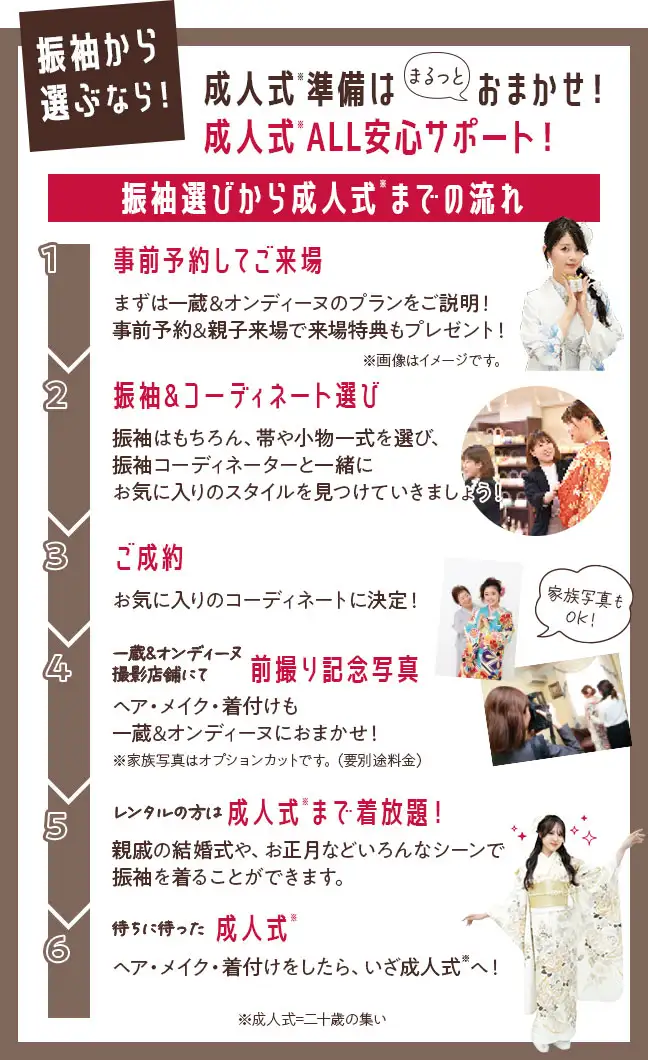 成人式の流れ　事前予約してご来場　まずは一蔵&オンディーヌのプランをご説明！事前予約&親子来場で来場特典もプレゼント！ 振袖&コーディネート選び　振袖はもちろん、帯や小物一式を選び、振袖コーディネーターと一緒にお気に入りのスタイルを見つけていきましょう！ ご成約　お気に入りのコーディネートに決定！ 一蔵&オンディーヌ撮影店舗にて前撮り記念写真　ヘア・メイク・着付けも一蔵&オンディーヌにおまかせ！ レンタルの方は成人式まで着放題！　親戚の結婚式や、お正月などいろんなシーンで振袖を着ることができます。 待ちに待った成人式　ヘア・メイク・着付けをしたら、いざ成人式へ！
