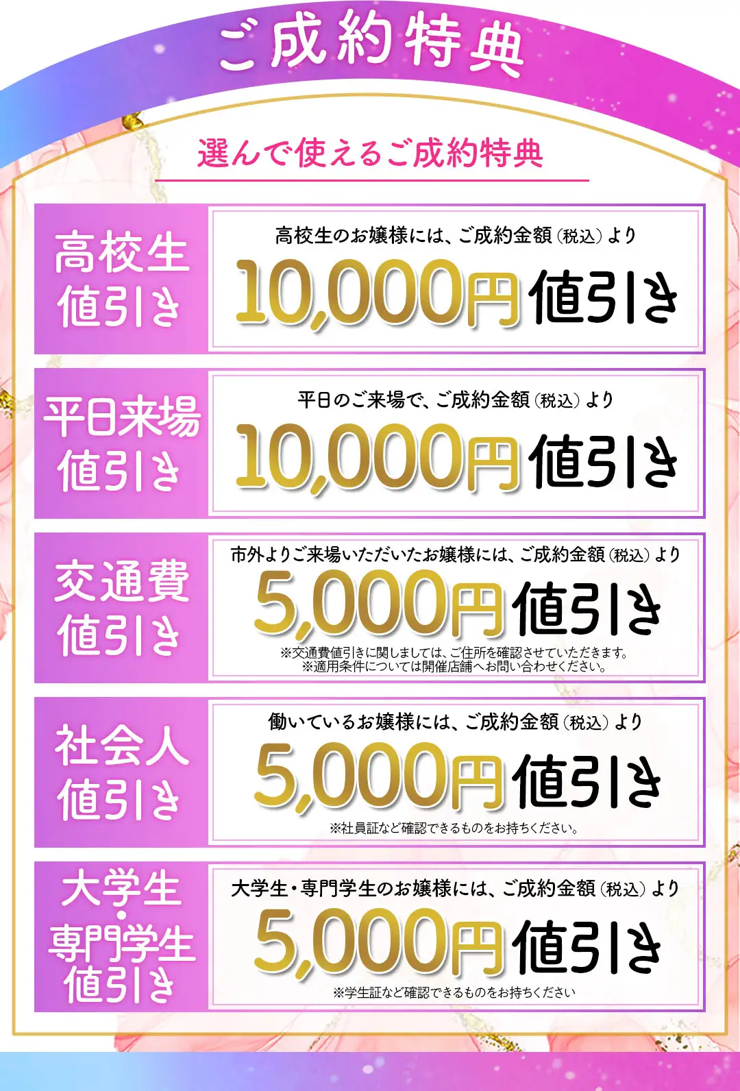 成約特典　高校生1万円値引き、平日来場1万円値引き、市外割5000円値引き、社会人5000円値引き、学生5000円値引き