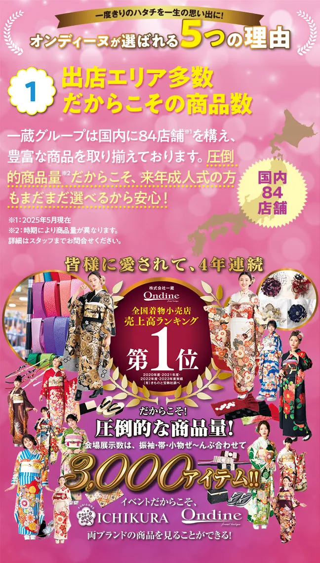 オンディーヌが選ばれる5つの理由 出店エリア多数だからこその商品数 一蔵グループは国内に84店舗※1を構え、豊富な商品を取り揃えております。圧倒的商品量※2だからこそ、来年成人式の方もまだまだ選べるから安心！