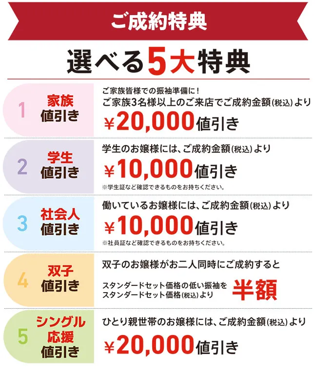 選べるご成約特典　家族値引き2万円もしくはひとり親世帯値引き2万円もしくは双子割半額値引きもしくは学生値引き1万円もしくは社会人値引き1万円