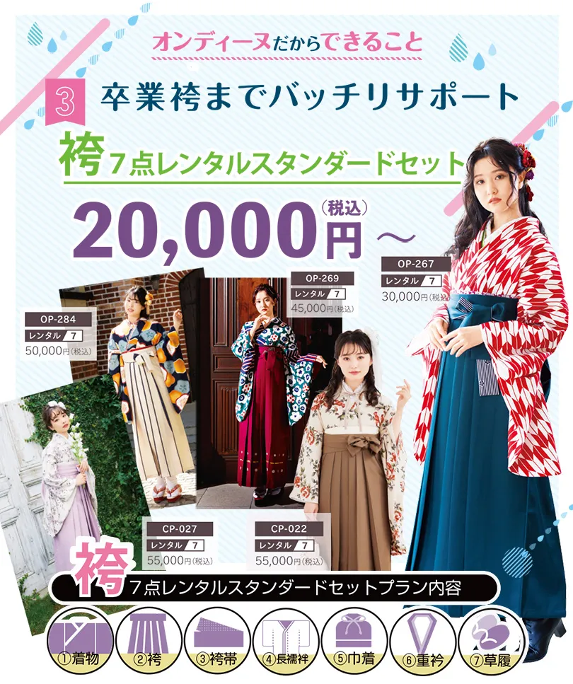 オンディーヌだからできること 卒業袴までバッチリサポート袴７点レンタルスタンダードセット20000円（税込）～
