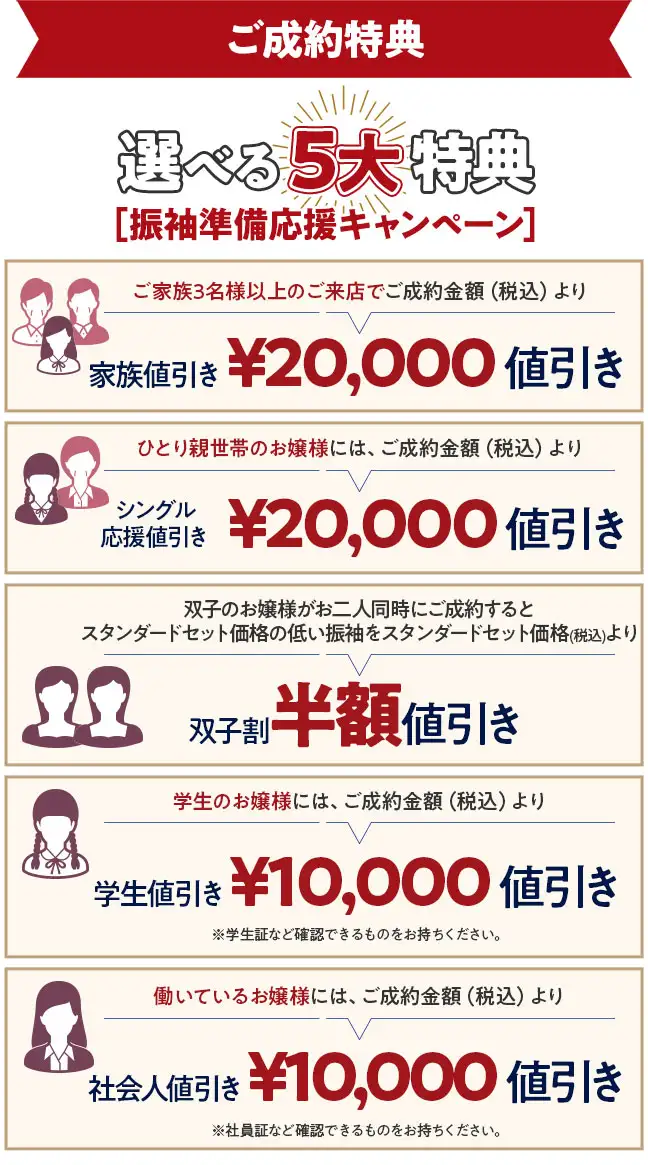 選べる5大特典　家族値引き2万円値引き、シングル応援値引き2万円値引き、双子割半額値引き、学生値引き1万円値引き、社会人値引き1万円値引き