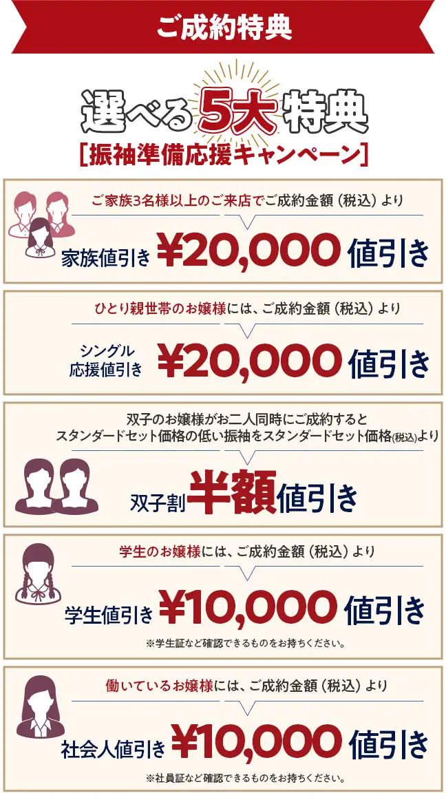 選べる5大特典　家族値引き2万円値引き、シングル応援値引き2万円値引き、双子割半額値引き、学生値引き1万円値引き、社会人値引き1万円値引き