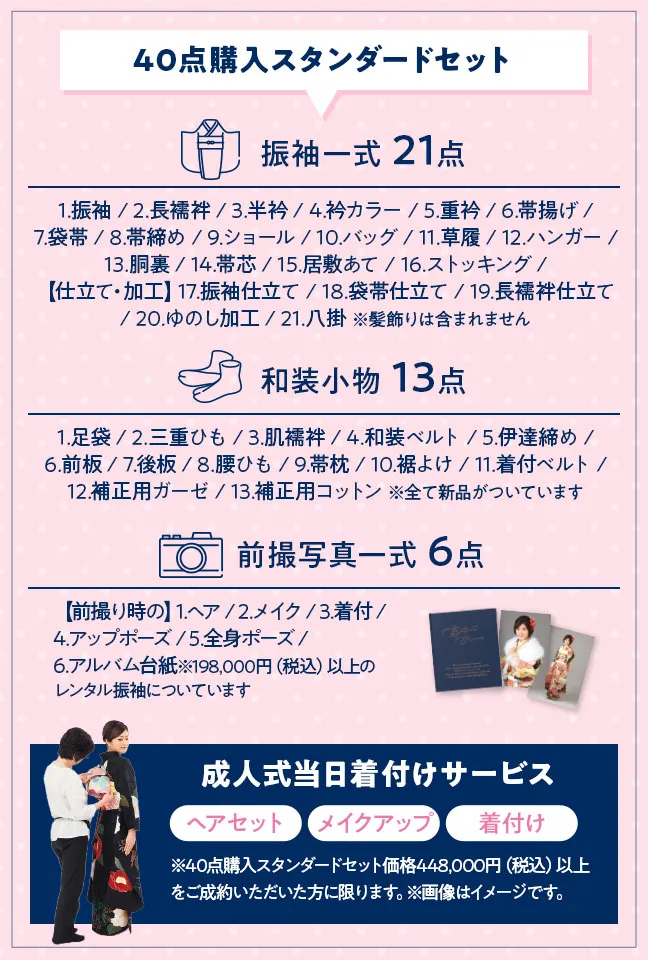 40点購入スタンダードセット 振袖一式 21点 1.振袖 / 2.長襦袢 / 3.半衿 / 4.衿カラー / 5.重衿 / 6.帯揚げ / 7.袋帯 / 8.帯締め / 9.ショール / 10.バッグ / 11.草履 / 12.ハンガー / 13.胴裏 / 14.帯芯 / 15.居敷あて / 16.ストッキング / 【仕立て・加工】17.振袖仕立て / 18.袋帯仕立て / 19.長襦袢仕立て / 20.ゆのし加工 / 21.八掛 ※髪飾りは含まれません 和装小物 13点 1.足袋 / 2.三重ひも / 3.肌襦袢 / 4.和装ベルト / 5.伊達締め / 6.前板 / 7.後板 / 8.腰ひも / 9.帯枕 / 10.裾よけ / 11.着付ベルト / 12.補正用ガーゼ / 13.補正用コットン ※全て新品がついています 前撮写真一式 6点 【前撮り時の】1.ヘア / 2.メイク / 3.着付 / 4.アップポーズ / 5.全身ポーズ / 6.アルバム台紙※198,000円(税込)以上の レンタル振袖についています