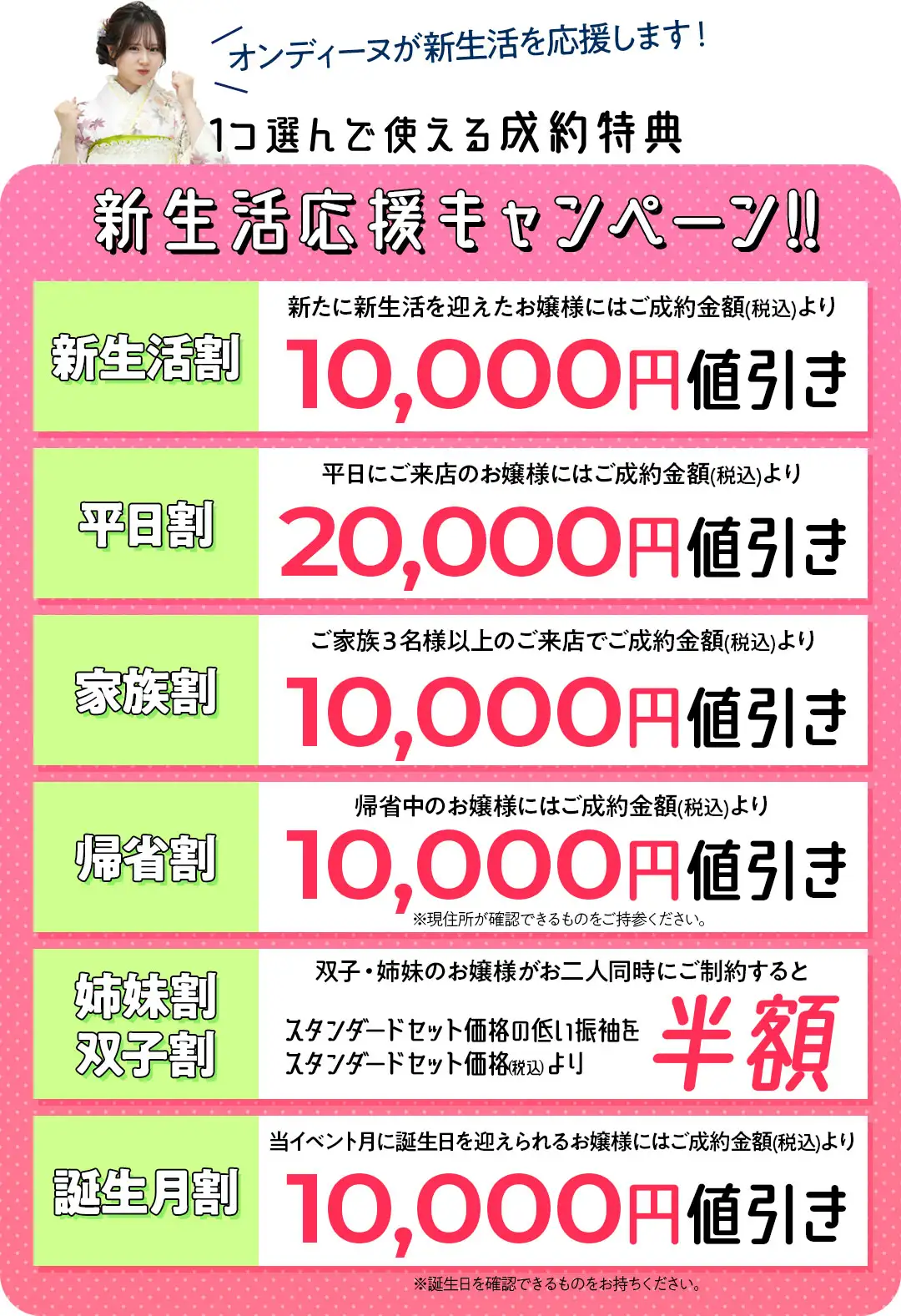 新生活応援成約特典　新生活割1万円値引き、平日割2万円値引き、家族割1万円値引き、帰省割1万円値引き、姉妹割双子割半学区、誕生月割1万円値引き