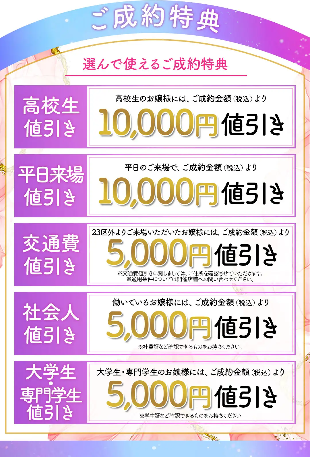 成約特典　高校生1万円値引き、平日来場1万円値引き、市外割5000円値引き、社会人5000円値引き、学生5000円値引き