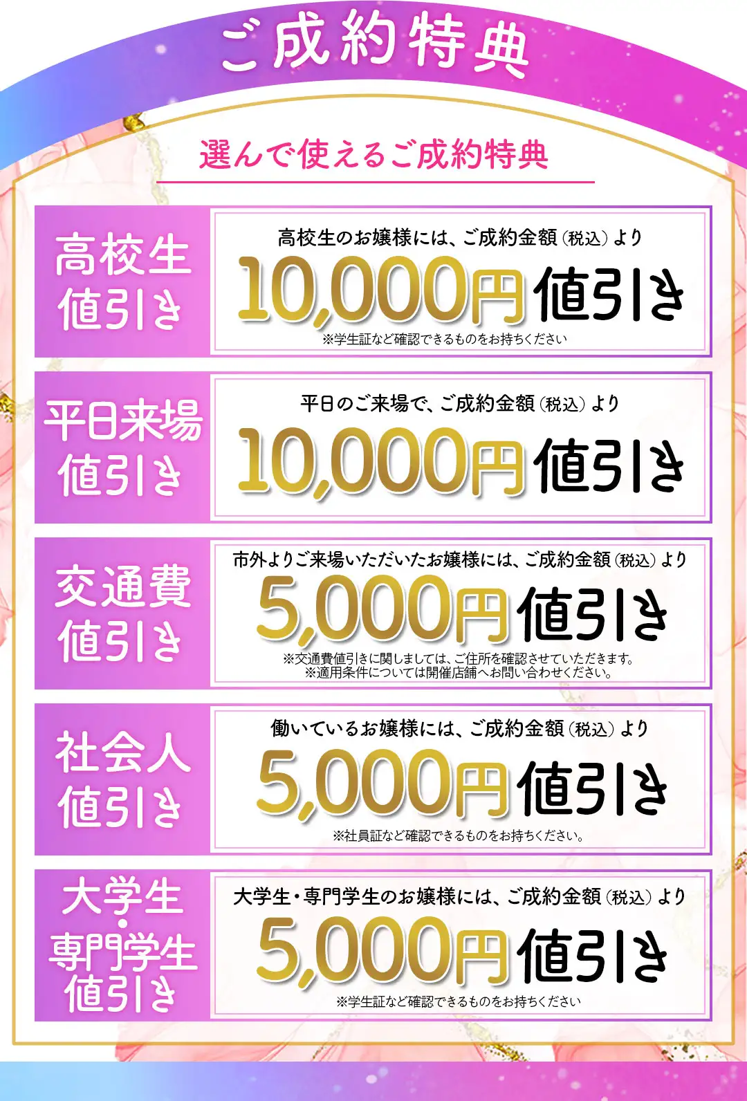 成約特典　高校生1万円値引き、平日来場1万円値引き、市外割5000円値引き、社会人5000円値引き、学生5000円値引き
