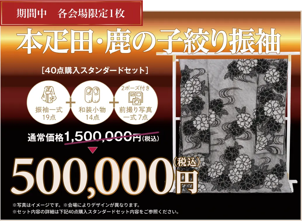 振袖WINTER FES スペシャル企画1 京都・新潟十日町総絞り・金箔・刺繍古典柄振袖 40点購入スタンダードセット 最大30万円引き!