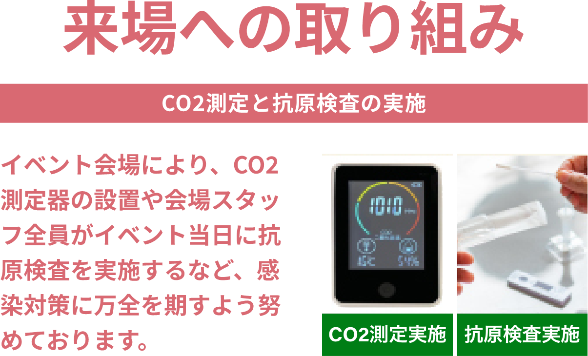 来場への取り組み CO2測定と抗原検査の実施 イベント会場により、CO2測定器の設置や会場スタッフ全員がイベント当日に抗原検査を実施するなど、感染対策に万全を期すよう努めております。